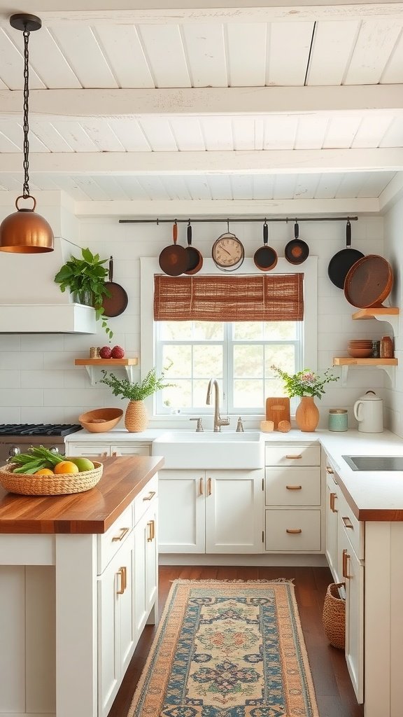 Bright and functional farmhouse kitchen with white cabinets and wooden floor