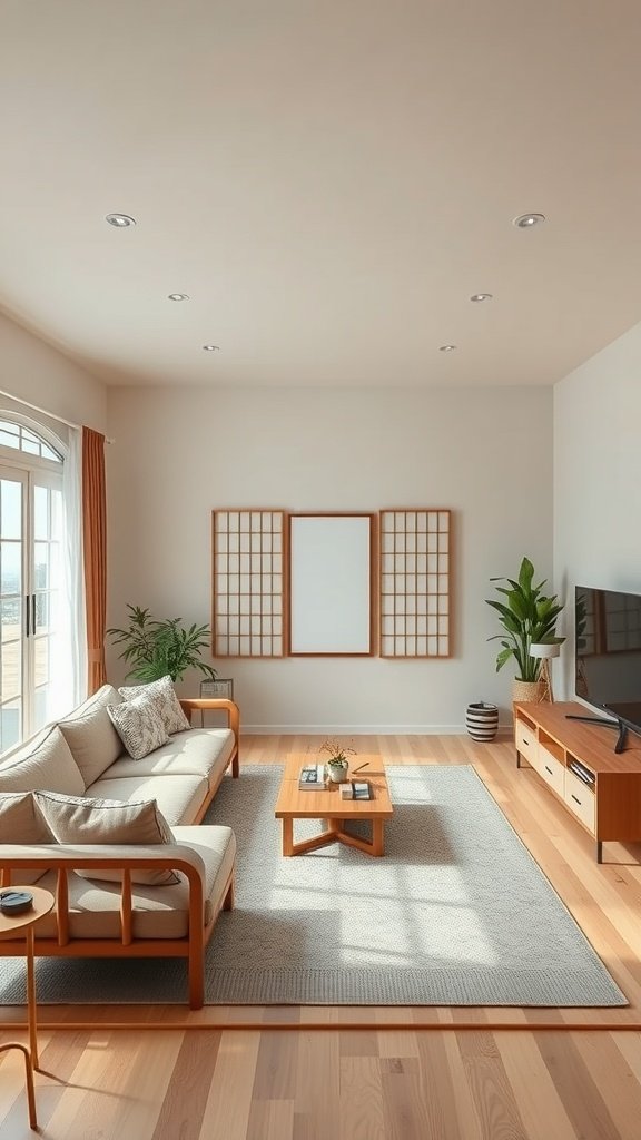 A stylish Japandi living room featuring a cozy sofa, natural light, and a functional layout.