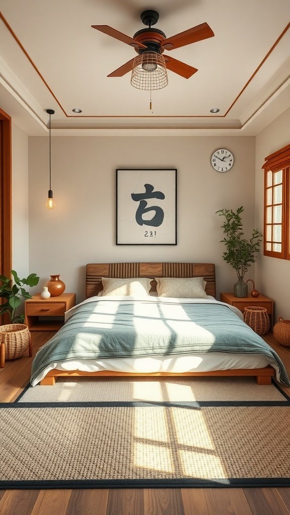 A cozy Japandi style bedroom featuring a wooden bed, simple decor, and soft lighting.