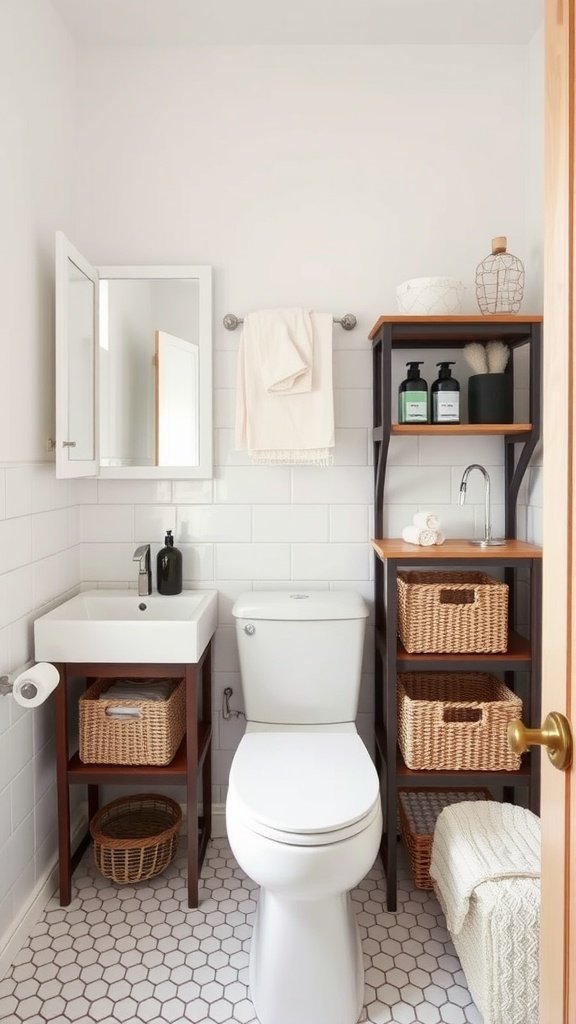 A small Japandi-style bathroom with a compact sink, a toilet, open shelving, and wicker storage baskets.
