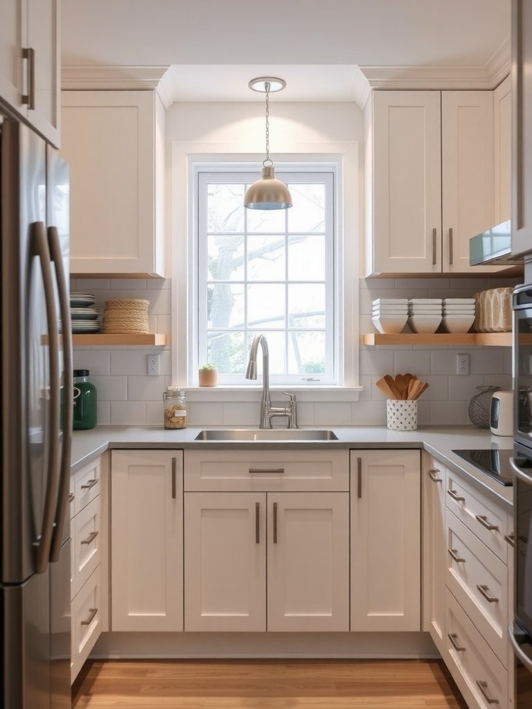 A functional white kitchen showcasing smart storage with open shelves and a clean design.