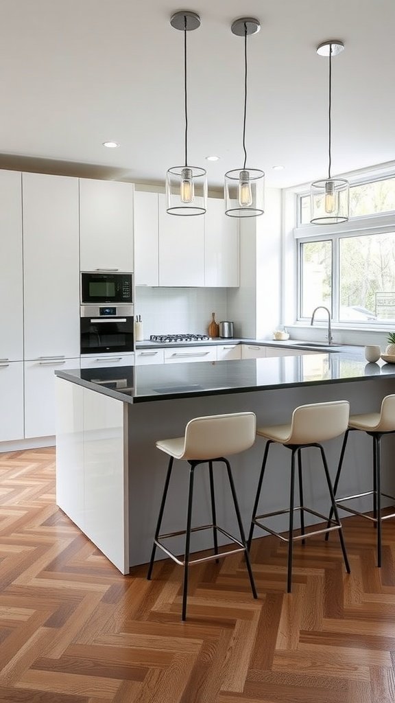Modern kitchen with a glass-topped island and stylish bar stools