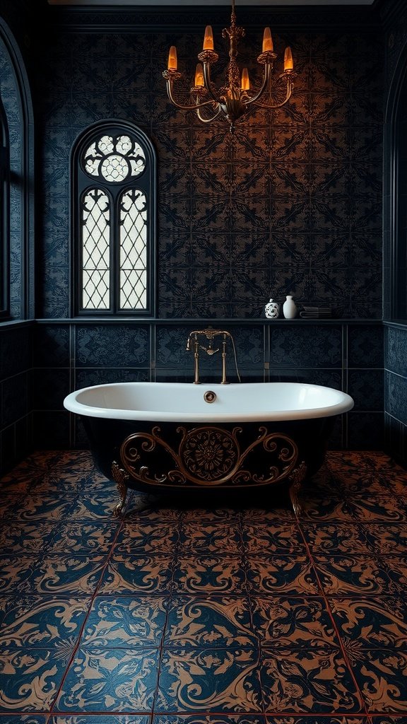 A gothic-inspired bathroom with intricate black and white tiling, a classic freestanding bathtub, and antique lighting.