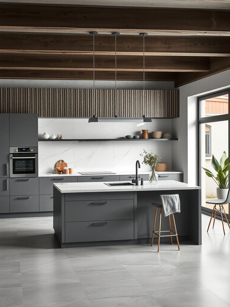 Modern grey kitchen with a stylish island and wooden beams