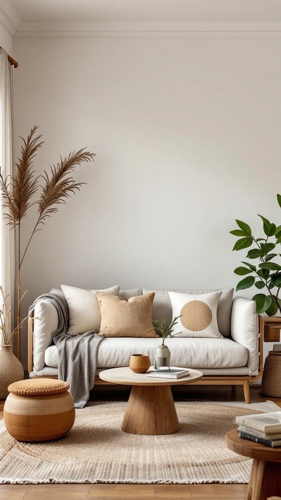Cozy Japandi living room with a white sofa, earthy-toned cushions, and a round wooden coffee table.