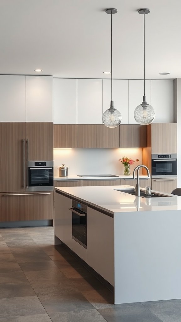 A modern kitchen island featuring hidden appliances and stylish pendant lighting.