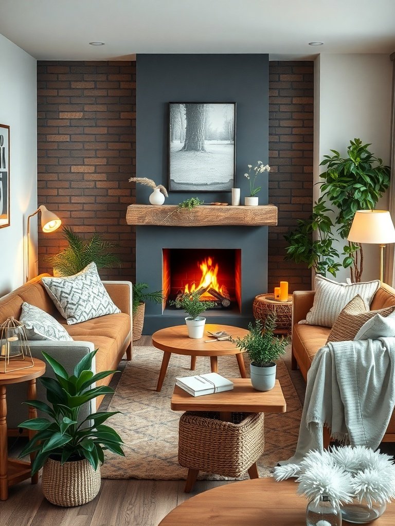 Cozy living room with natural elements like plants and wooden furniture.