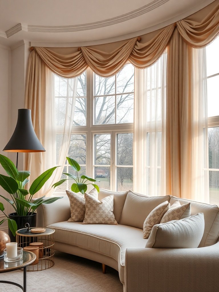 Cozy living room with large windows and elegant curtains