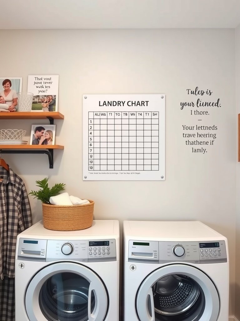 Laundry room with a chore chart and decorative elements.