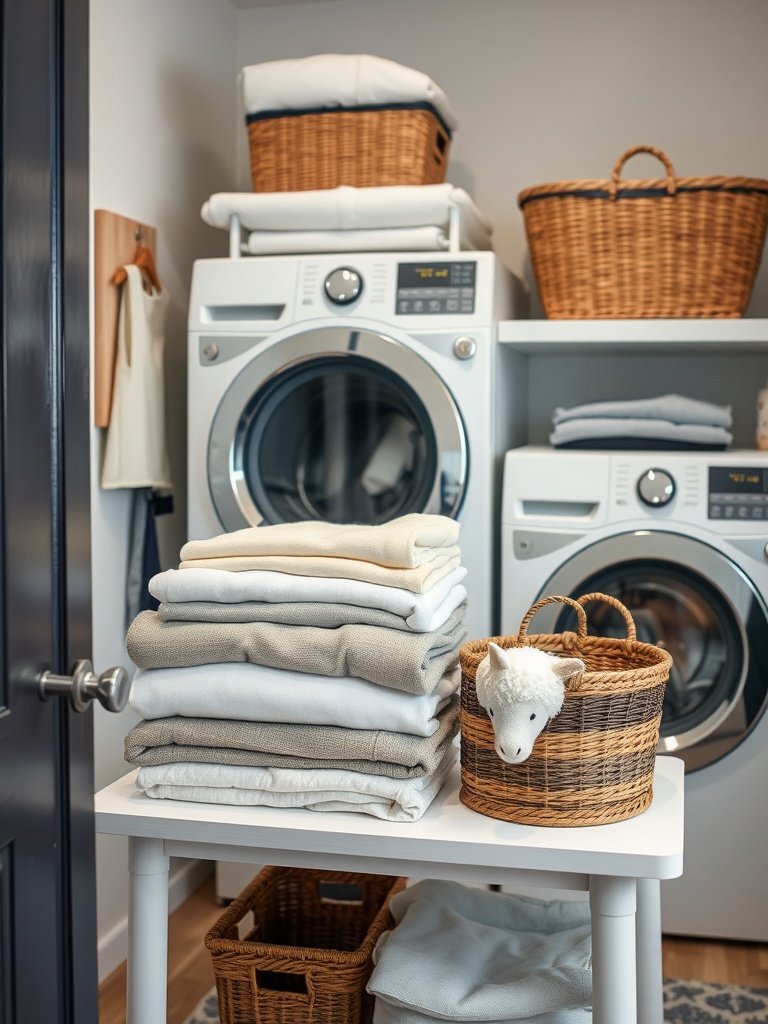 A clean and organized laundry room featuring a folding station with neatly stacked towels and laundry baskets.