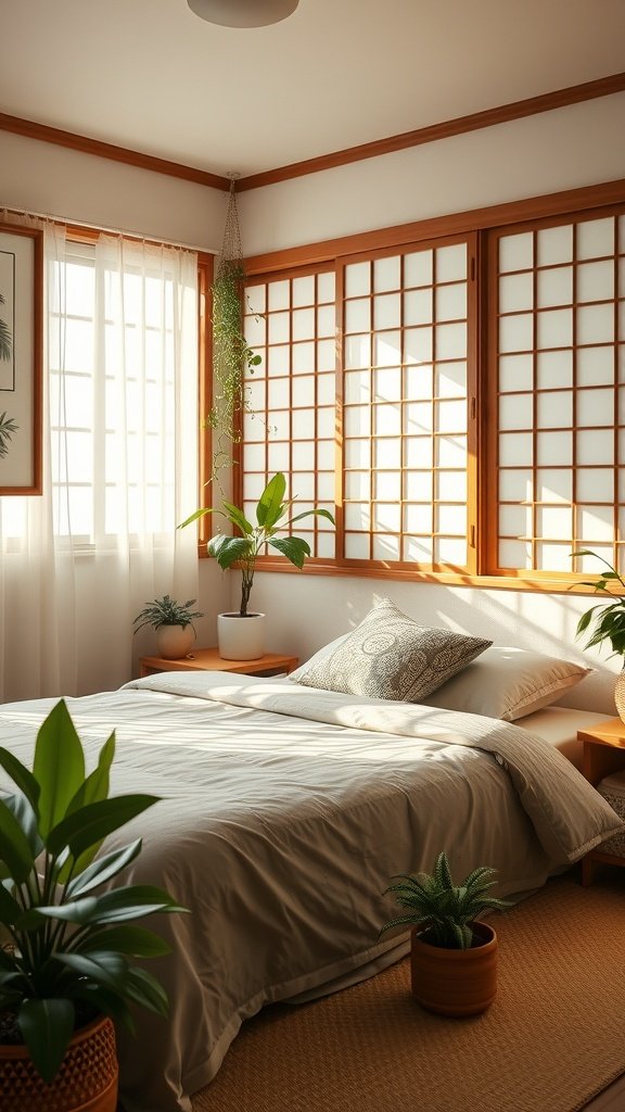 A cozy Japandi style bedroom filled with various indoor plants, a warm quilt on the bed, and natural light streaming through the windows.