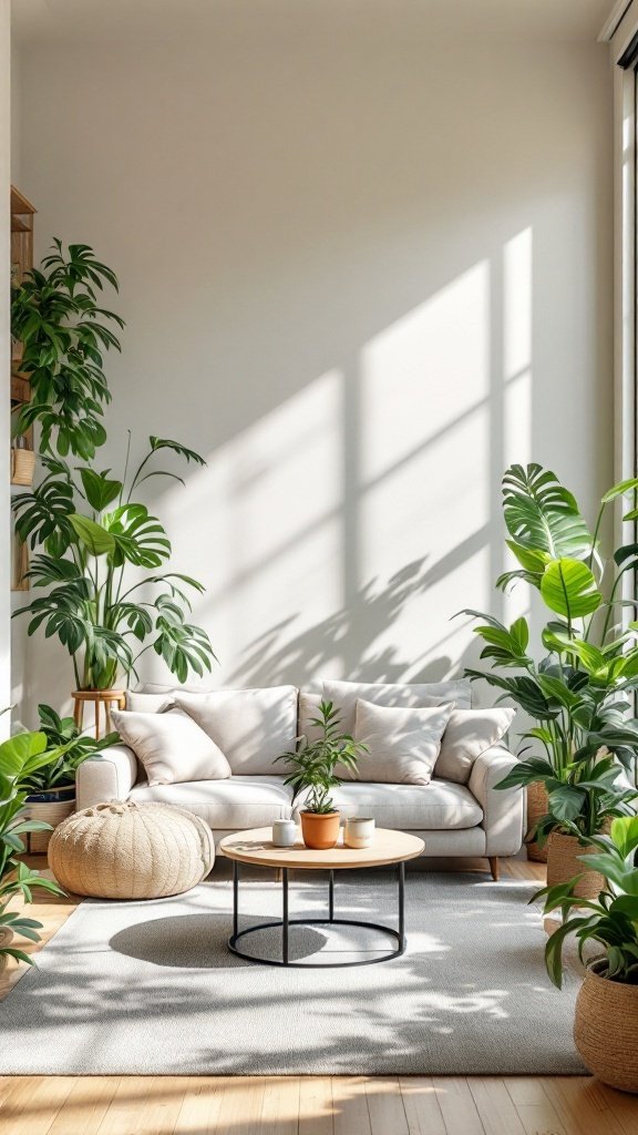 A cozy Japandi living room with indoor plants, a light sofa, and a round coffee table