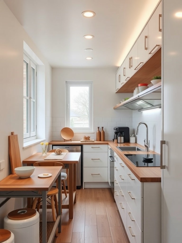 A bright galley kitchen featuring wooden cabinetry and a multi-functional dining table.