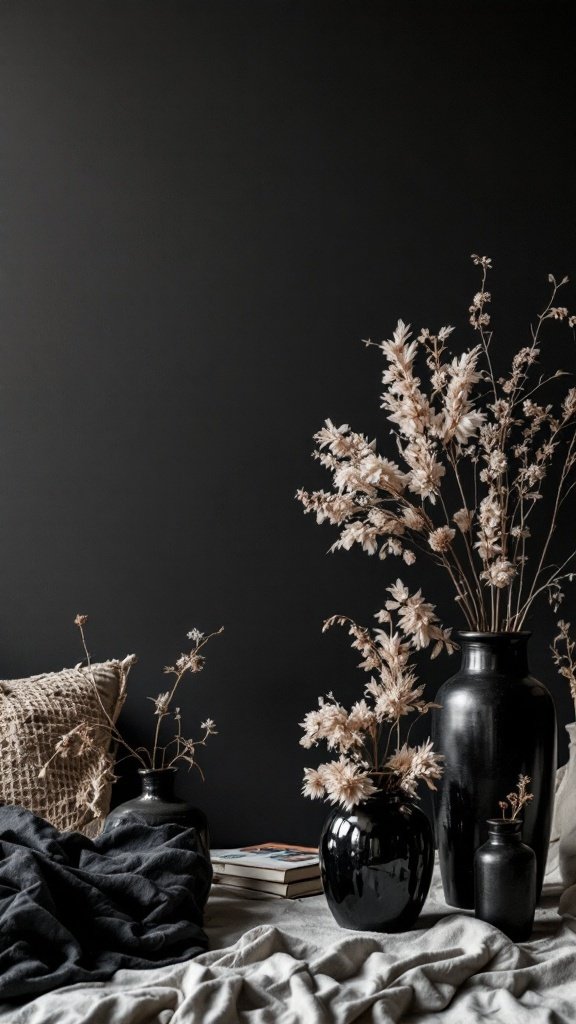 A cozy living room scene featuring dried flowers in vases, textured fabrics, and books.