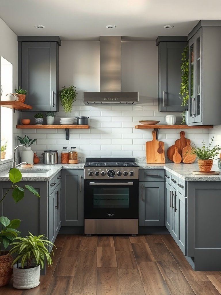 A stylish grey kitchen featuring natural plants and wooden accents.