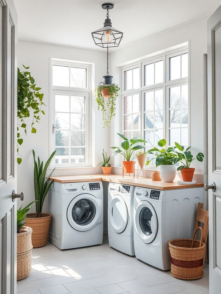 Bright laundry room with large windows, plants, and modern appliances.