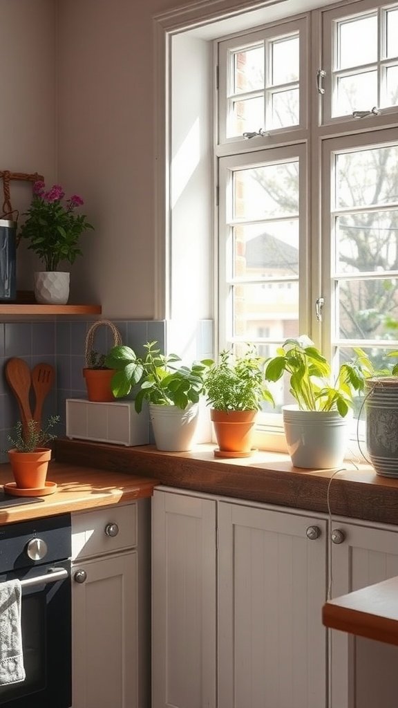 A bright farmhouse kitchen with potted herbs and flowers on the windowsill.