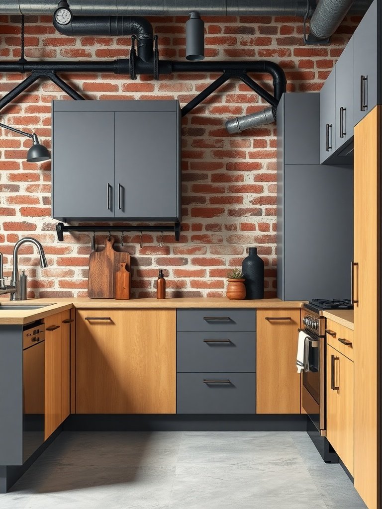A modern kitchen featuring industrial gray and maple cabinets, with a brick wall and contemporary decor.