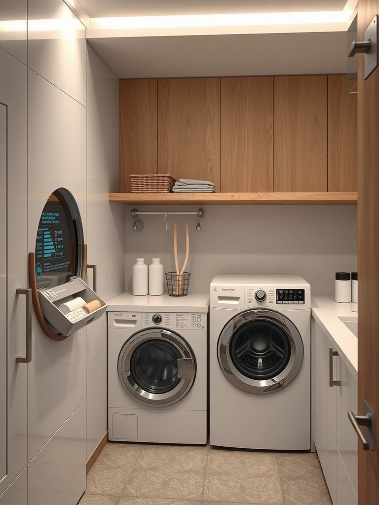 A modern laundry room featuring smart appliances and a sleek design.