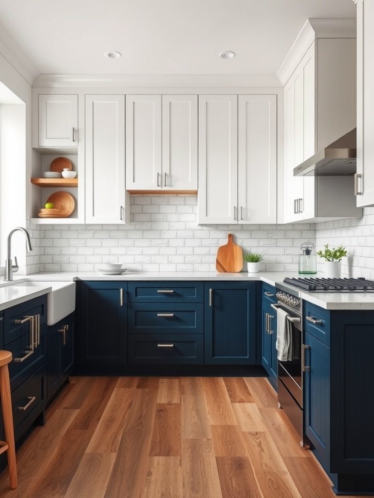 A kitchen featuring white upper cabinets and navy lower cabinets, showcasing a modern two-tone design.