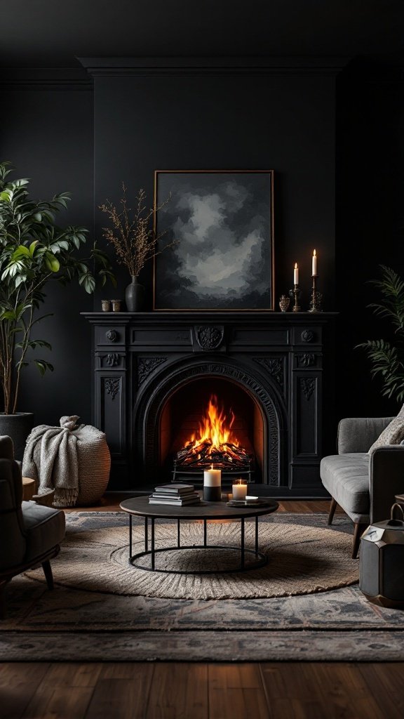 A cozy dark living room with a black fireplace, candles, and comfortable seating.