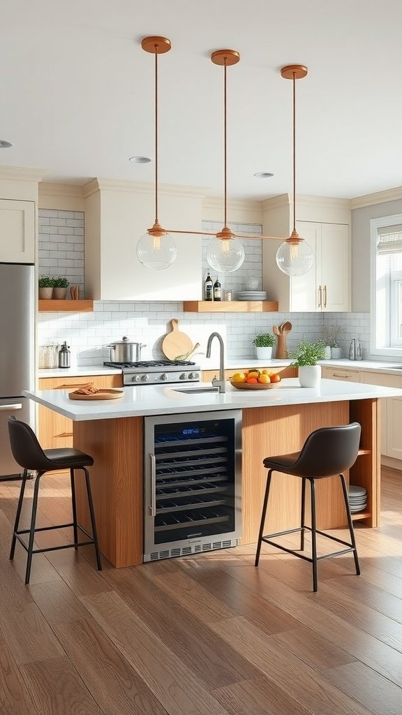 A modern kitchen island featuring a built-in wine fridge and stylish design elements.