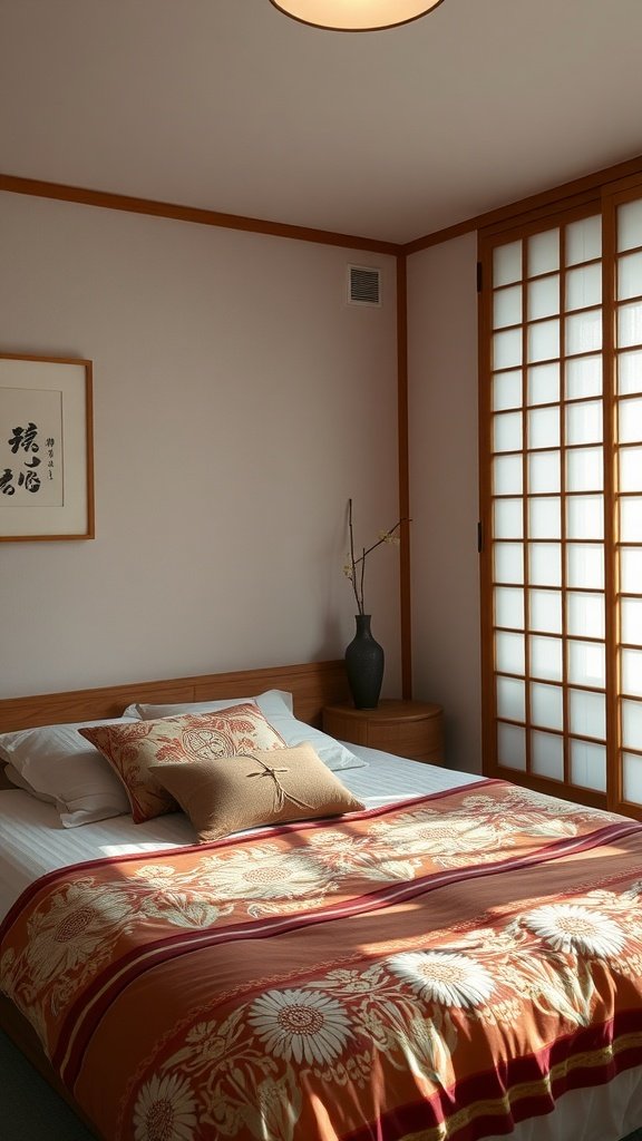 A serene bedroom showcasing Japanese influence in bedding with natural materials and calming colors.