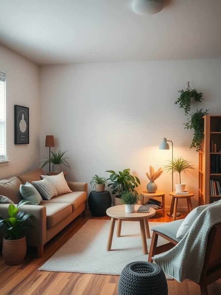 Cozy living room with minimal clutter, featuring plants and soft furnishings.