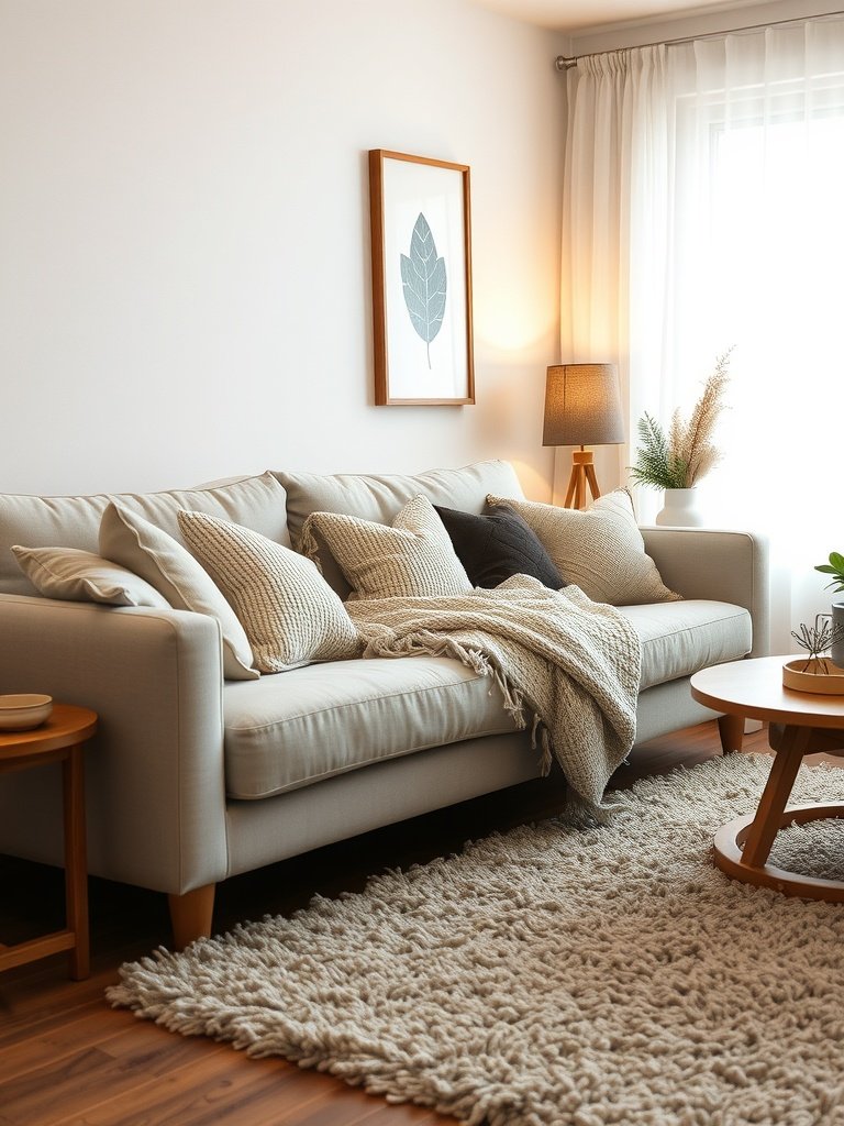 Cozy living room with a light sofa, various pillows, a knitted throw, and a soft rug.