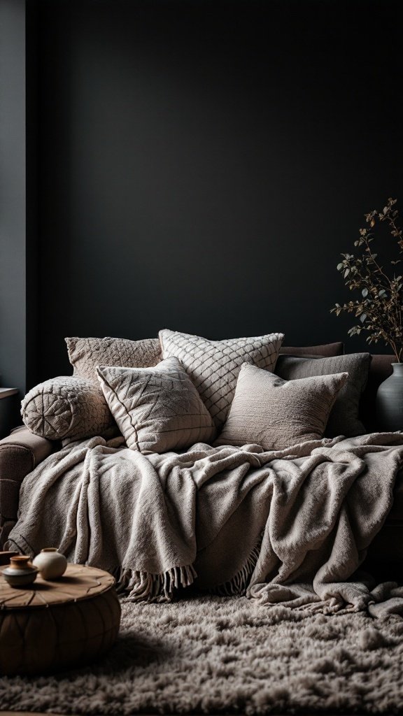 A cozy dark living room featuring a sofa adorned with layered pillows and a soft blanket, complemented by a plush rug and a wooden coffee table.