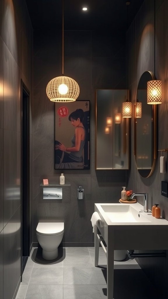 A modern Japandi bathroom featuring elegant lighting design with a pendant light and wall sconces.