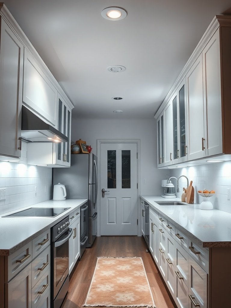 Brightly lit galley kitchen with white cabinets and a cozy rug.