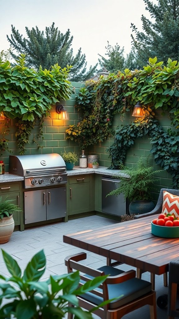 Backyard outdoor kitchen featuring lush green walls and herb gardens beside a grill.