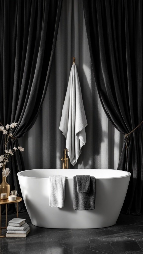 A luxurious bathroom with deep black curtains, a freestanding white bathtub, and soft towels hanging nearby.