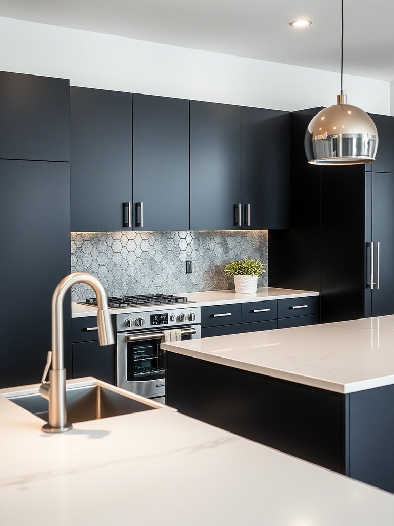 A stylish kitchen featuring matte black cabinets with a white countertop.