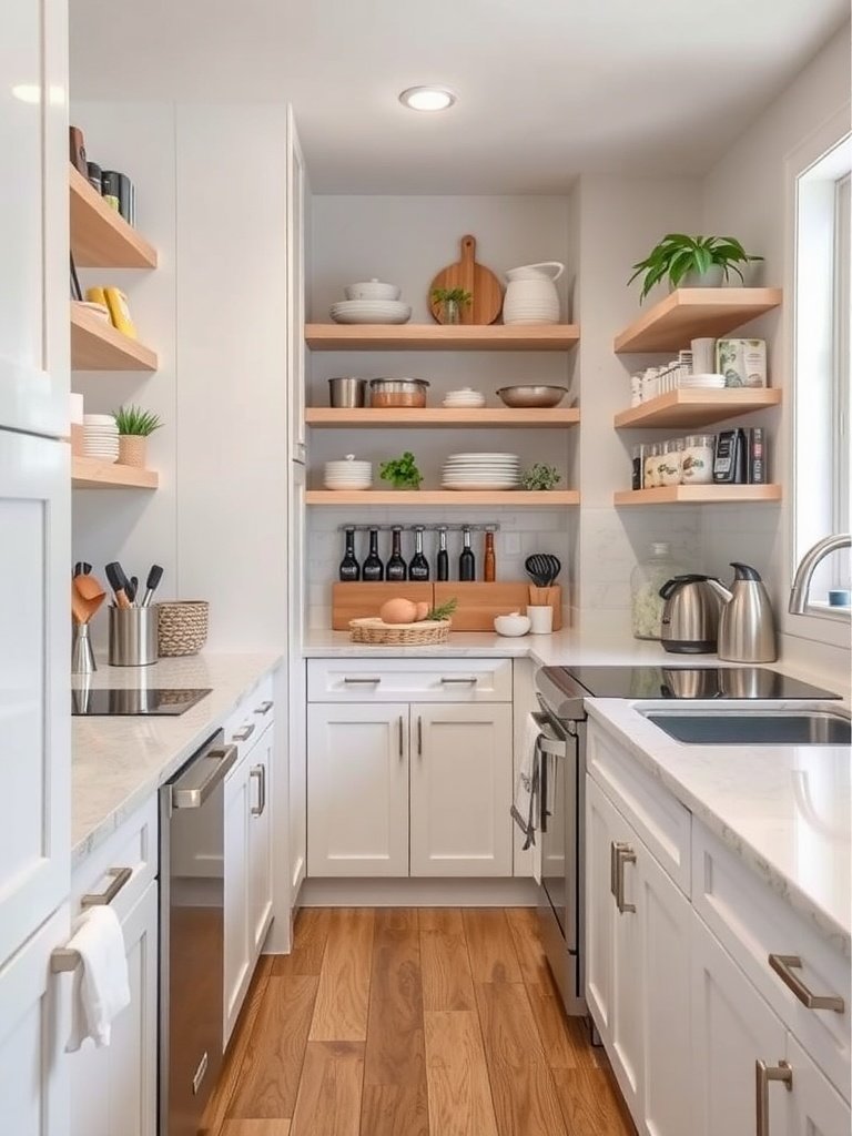 A cozy galley kitchen with wooden cabinets, open shelves, and organized utensils.
