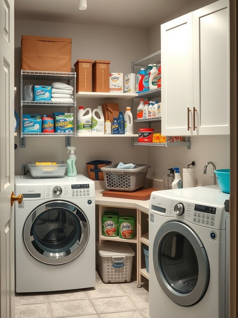 A well-organized laundry room with vertical storage solutions, including shelves and cabinets.