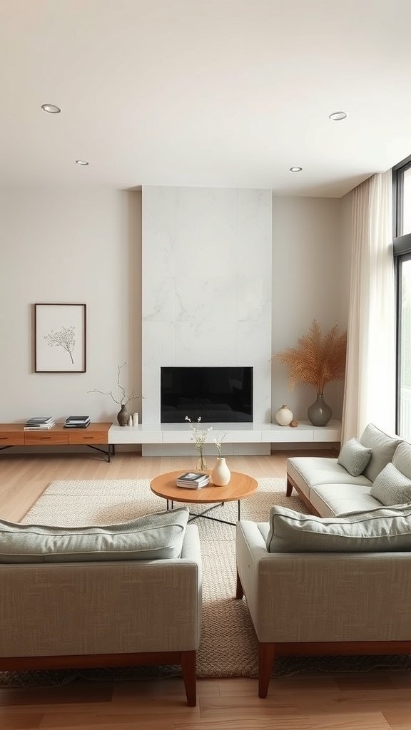 A serene Japandi living room featuring a white sofa, neutral cushions, a woven basket, and soft natural light.