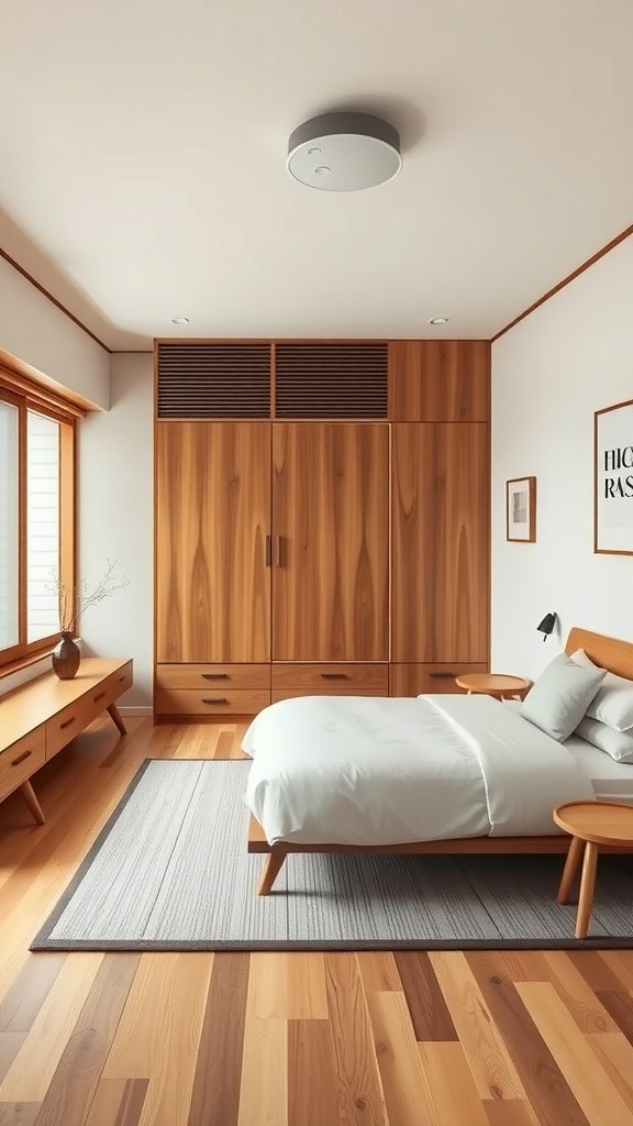 A minimalist Japandi style bedroom featuring wooden furniture and a simple color palette.