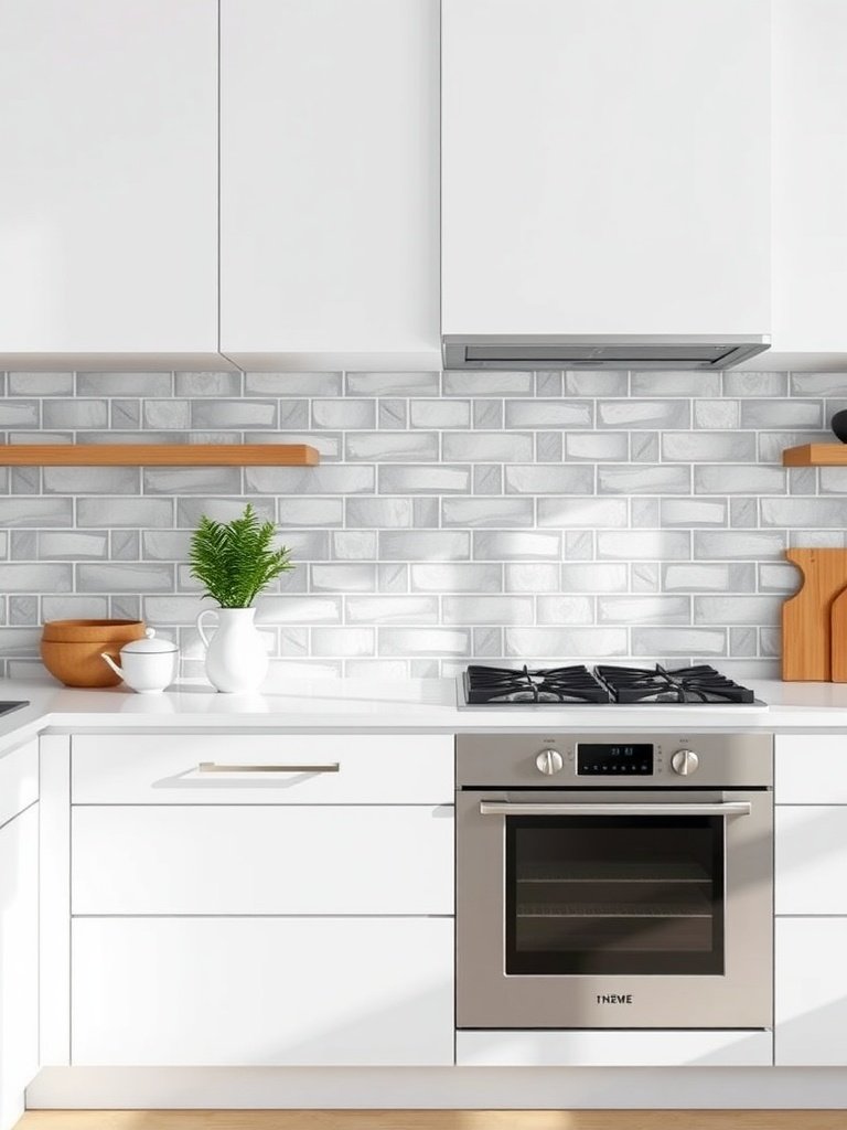 Minimalist kitchen with white cabinets and gray backsplash.