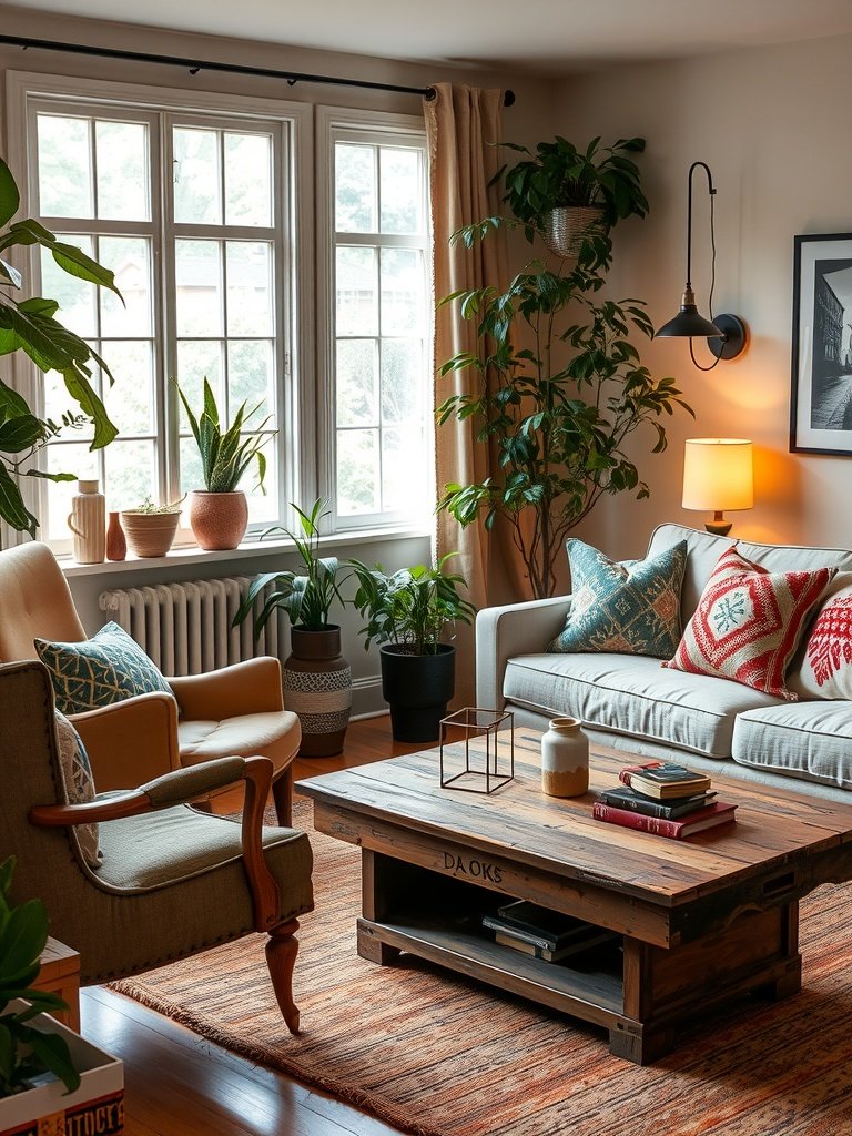 Cozy living room with mixed styles, featuring a vintage armchair, modern sofa, and wooden coffee table.