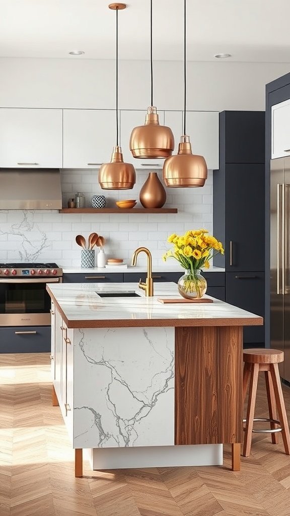 A modern kitchen island featuring a combination of marble and wood materials, with stylish pendant lights and a vase of yellow flowers.