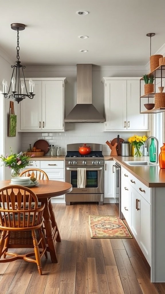 A cozy farmhouse kitchen with a mix of vintage wooden furniture and modern appliances.
