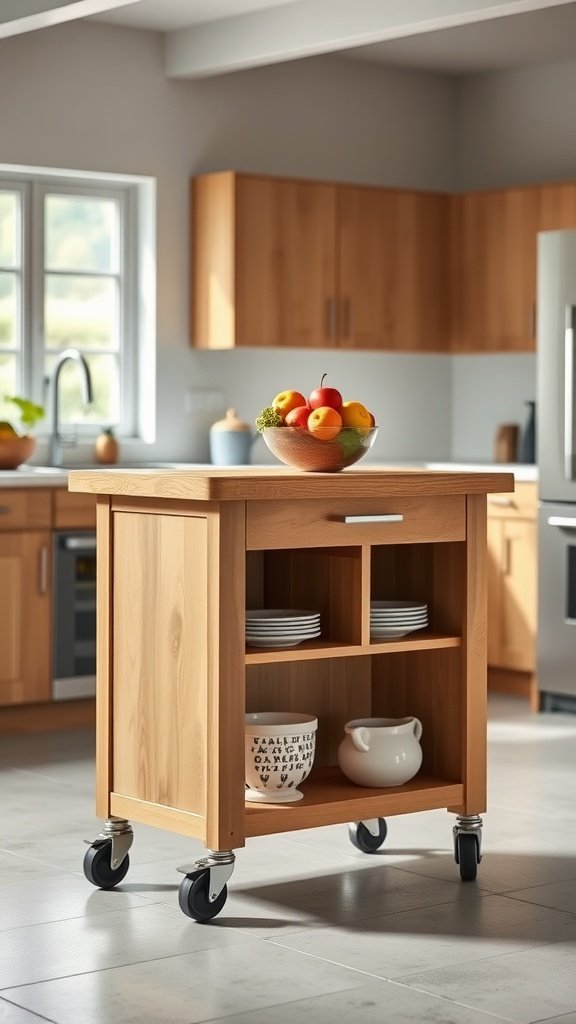 A mobile wooden kitchen island with wheels, featuring a bowl of fruit on top and shelves underneath.