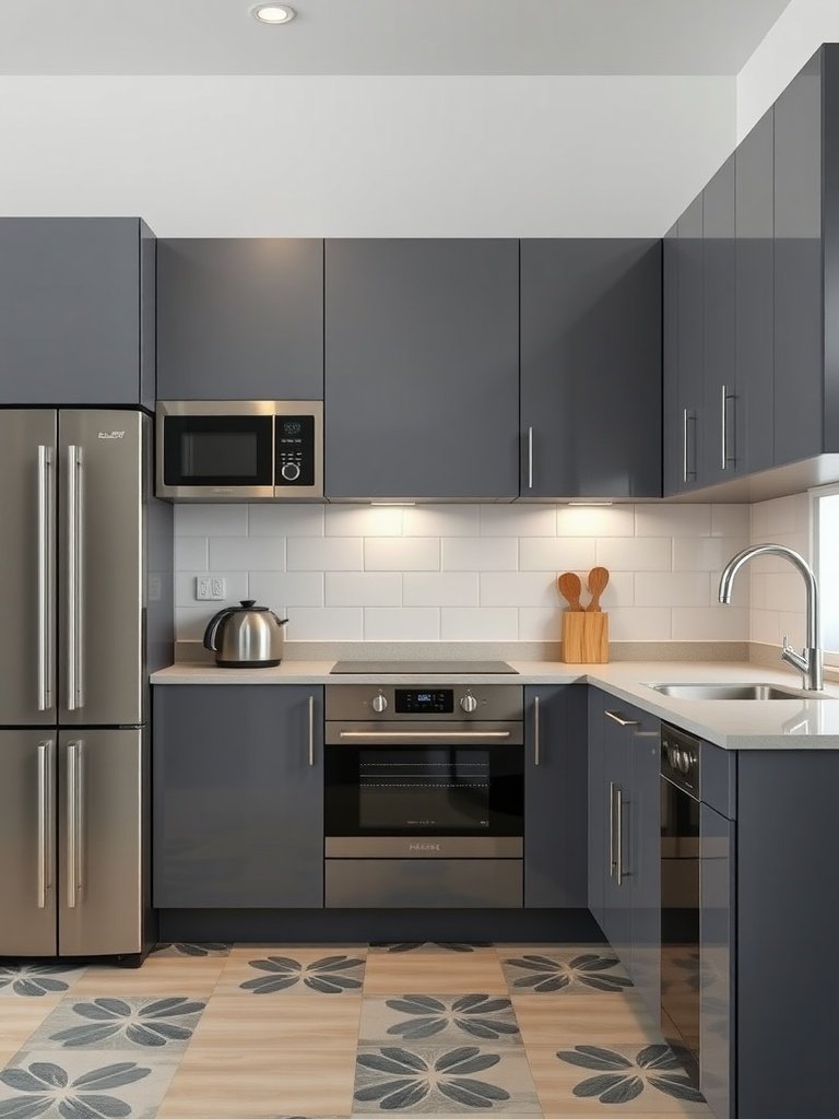 A modern grey kitchen featuring stainless steel appliances and a stylish design.