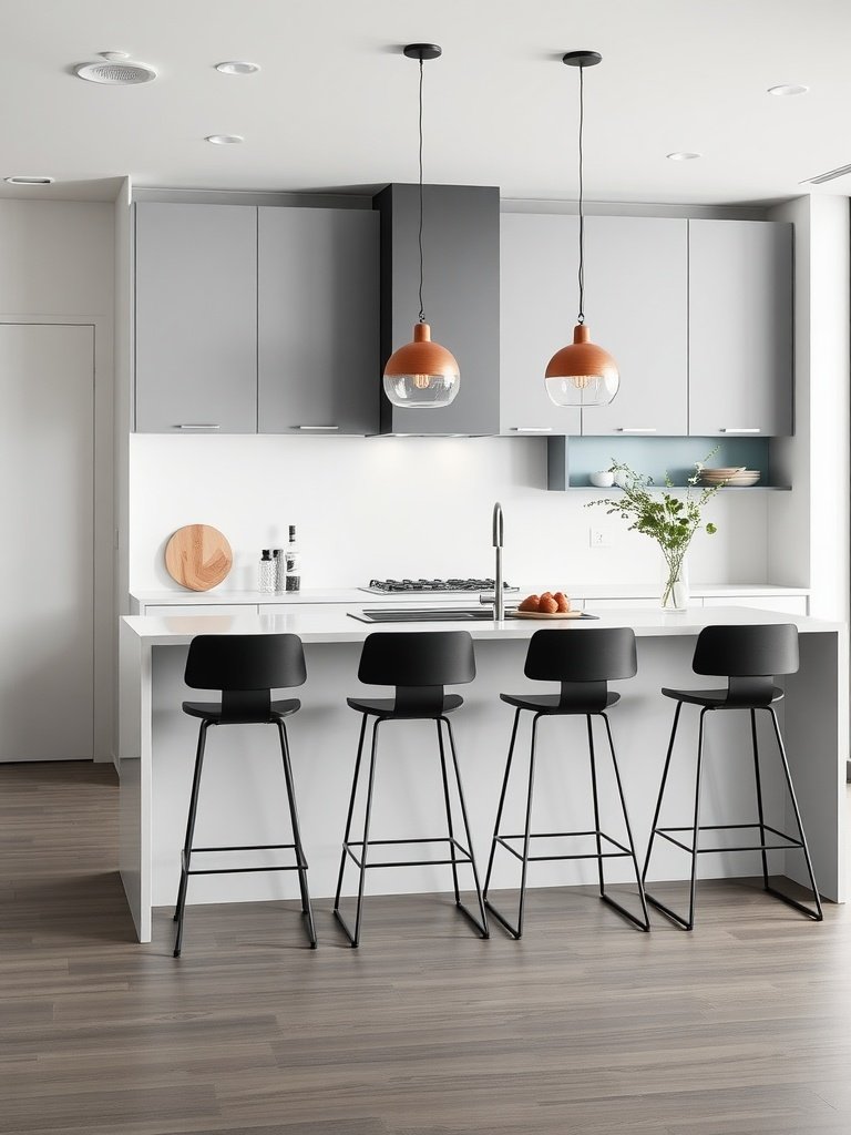 A modern minimalist breakfast bar with black stools and pendant lighting in a sleek kitchen.