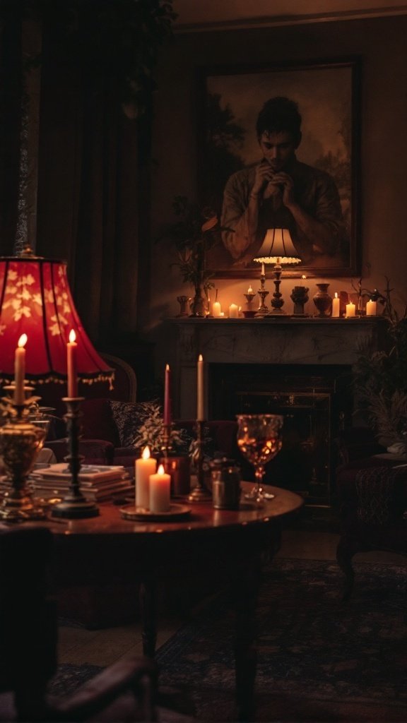 A cozy living room with candles and a lamp, creating a warm mood.