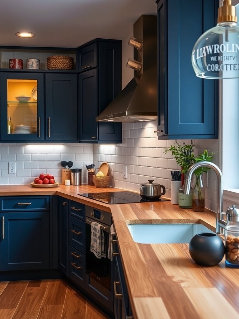 A modern kitchen with navy blue cabinets, wooden countertops, and warm lighting.