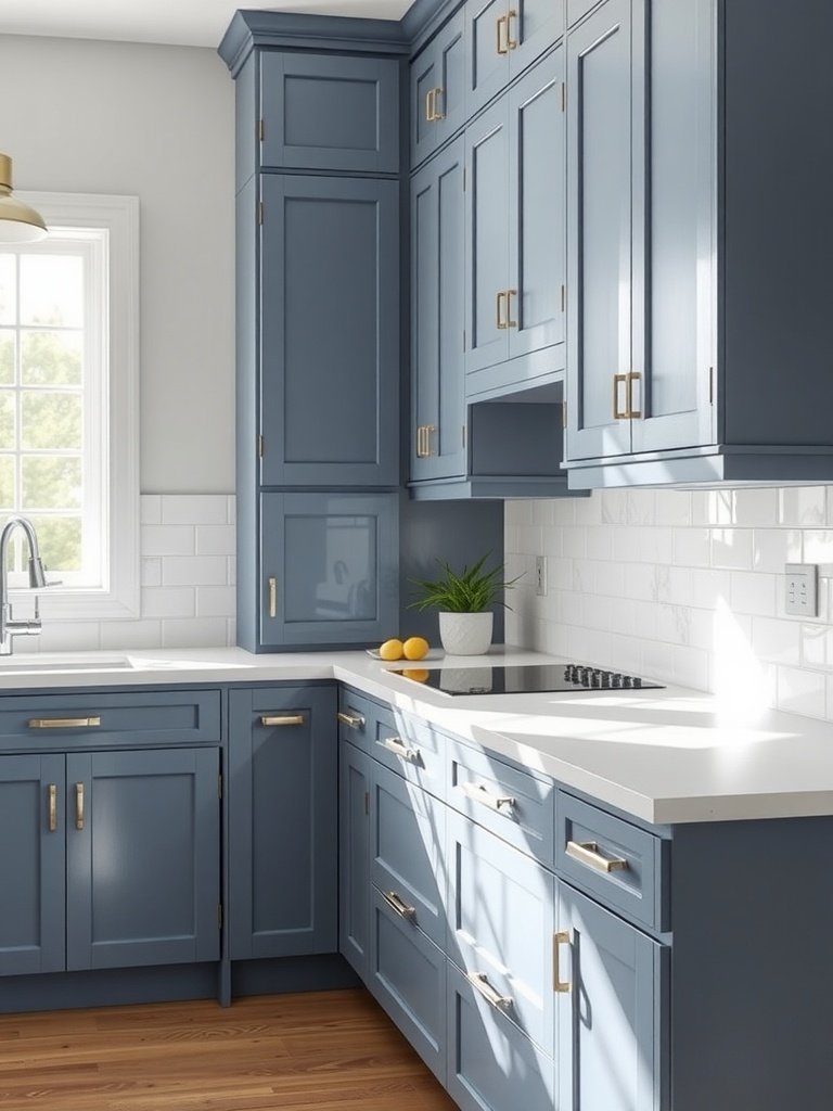 A modern kitchen with muted blue cabinets and light countertops