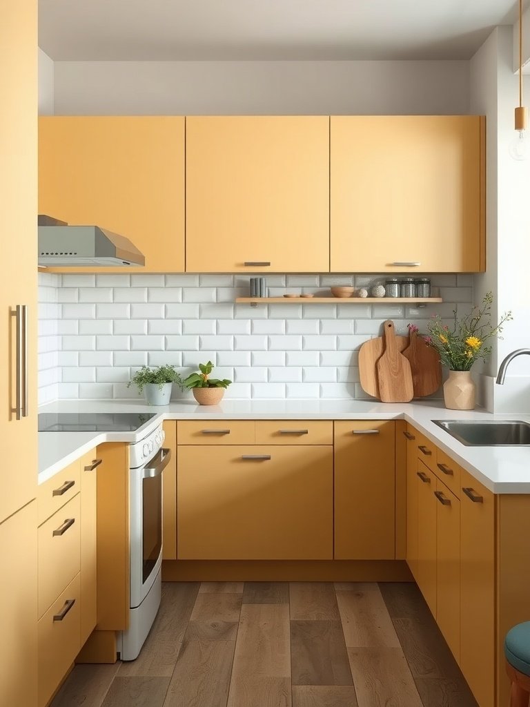 A cozy kitchen featuring muted yellow and ochre cabinets with white tiled backsplash.